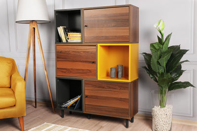 Libreria colorata in legno moderna 3 vani a giorno 3 ante casa e ufficio cm 110x30x140h