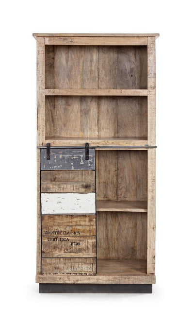 Libreria country scaffale in legno di mango con anta scorrevole cm 71x34x163h