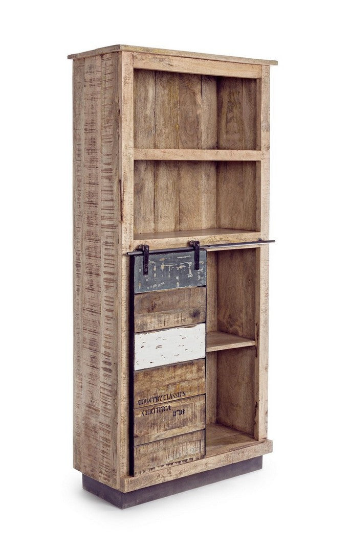 Libreria country scaffale in legno di mango con anta scorrevole cm 71x34x163h