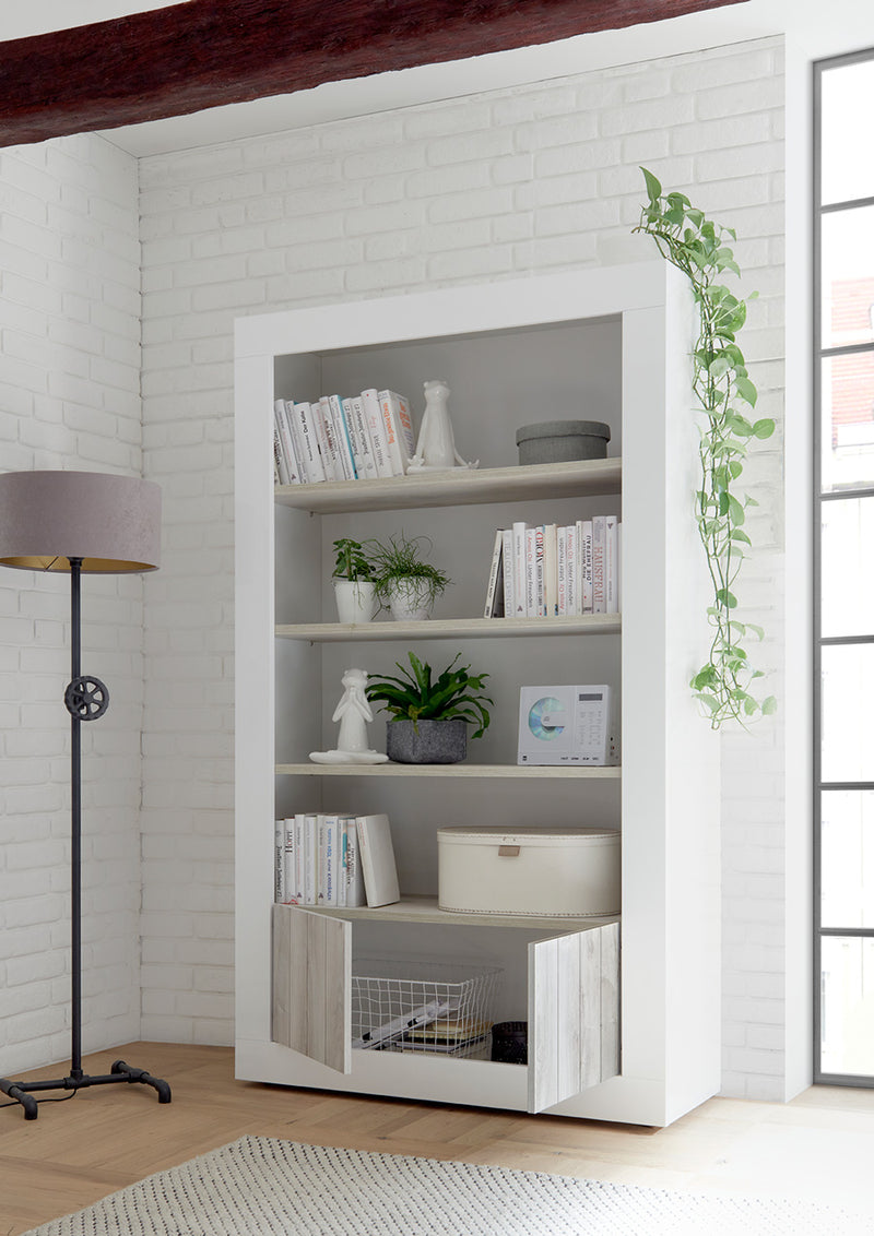 Garda - Libreria moderna colore cemento e ossido con ripiani e 2 ante cm 110x42x190h