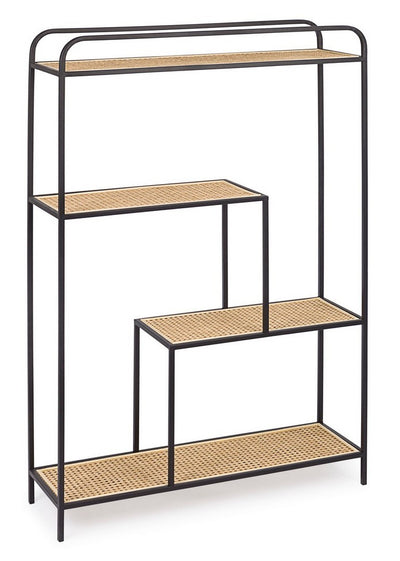 Libreria scaffale industrial in metallo nero ripiani  in legno e rattan cm 85x25x131h