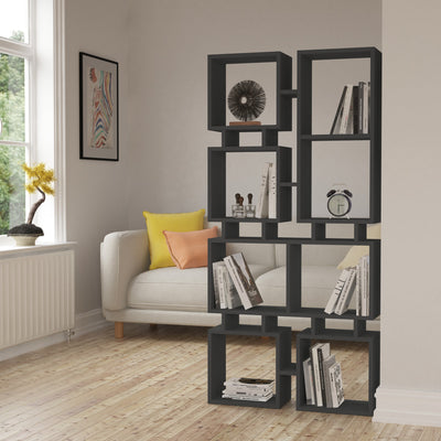 Libreria scaffale in stile modero con 8 ripiani in legno disponibile in nero opaco, rosso scuro opaco e tortora chiaro opaco
