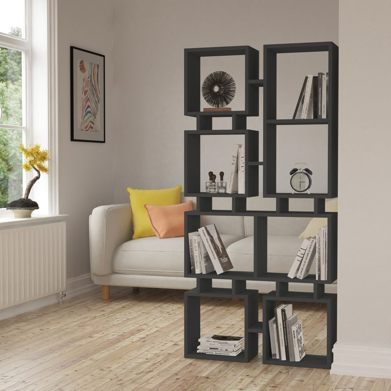 Libreria scaffale in stile modero con 8 ripiani in legno disponibile in nero opaco, rosso scuro opaco e tortora chiaro opaco