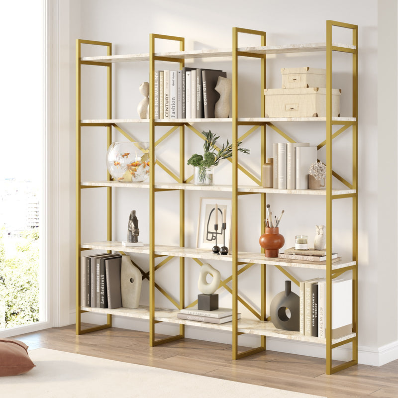 Libreria a 15 ripiani con cornice interamente in metallo disponibile in 4 diverse colorazioni: 1. marmo bianco e oro opaco 2. pino atlantico e nero opaco 3. bianco e oro opaco 4. nero opaco e oro opaco