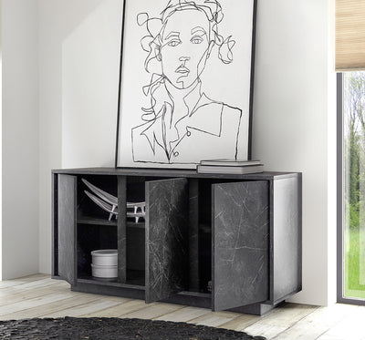 Ancilla - Madia design 3 ante moderna effetto marmo colore nero cm 138x43x79h