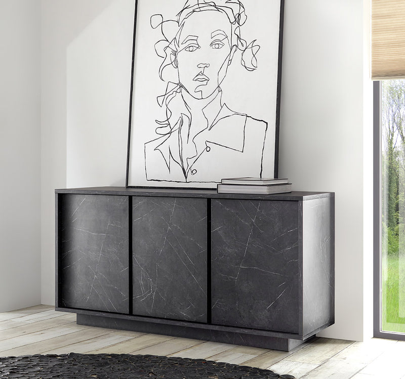 Ancilla - Madia design 3 ante moderna effetto marmo colore nero cm 138x43x79h