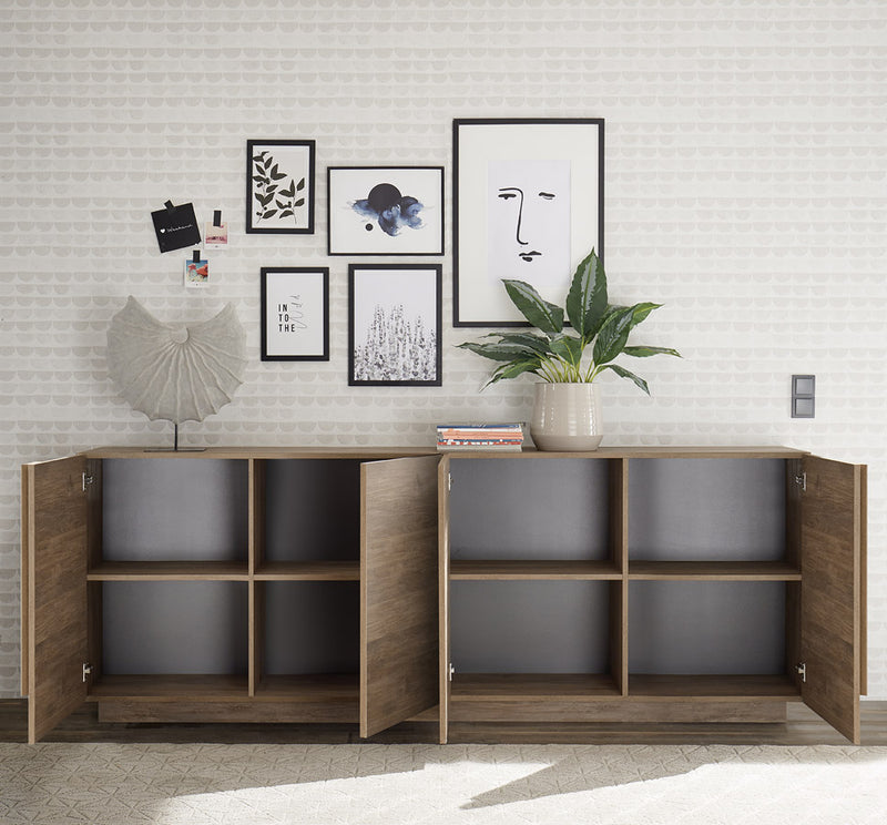 Lorita - Madia design 4 ante da soggiorno in legno rovere cm 241x44x90h