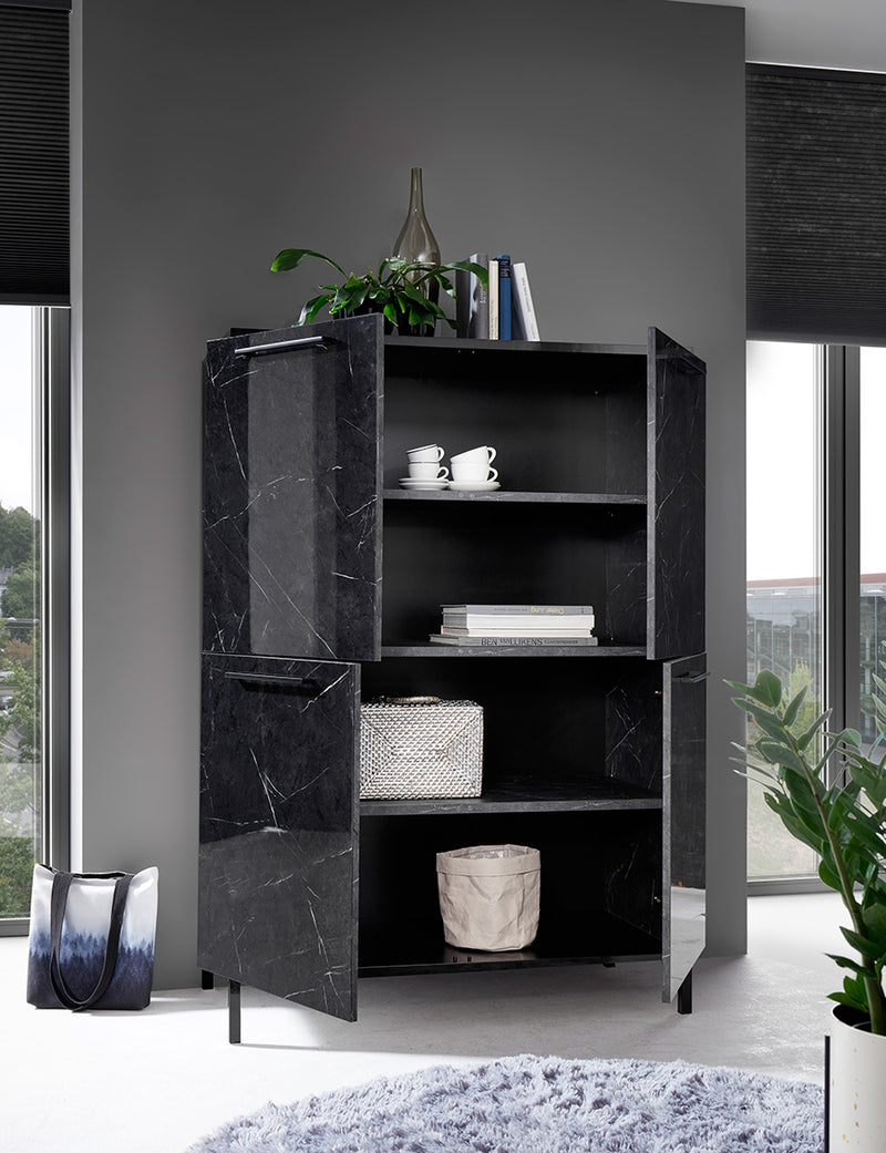 Gardina - Mobile 4 ante per salotto in legno finitura marmo nero lucido cm 106x50x152h