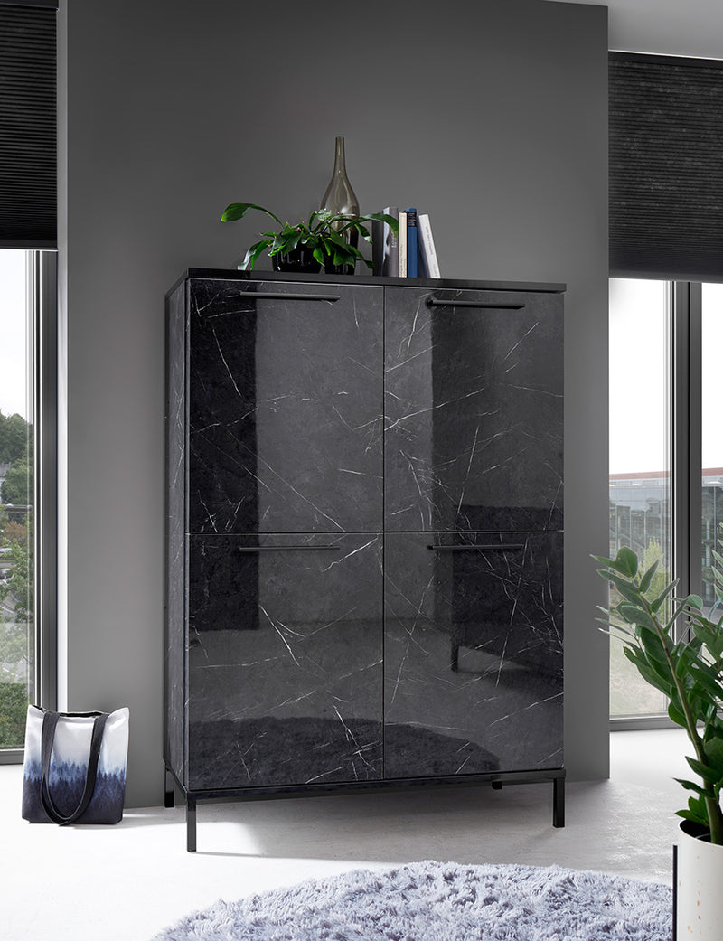 Gardina - Mobile 4 ante per salotto in legno finitura marmo nero lucido cm 106x50x152h