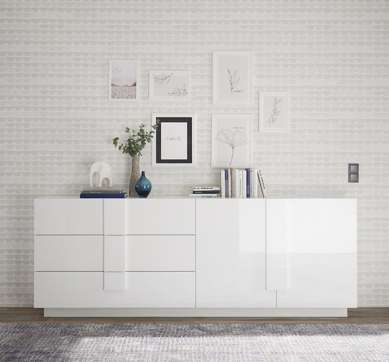 Vivel - Credenza moderna con 2 ante e 3 cassetti bianco lucido cm 241x44x90h