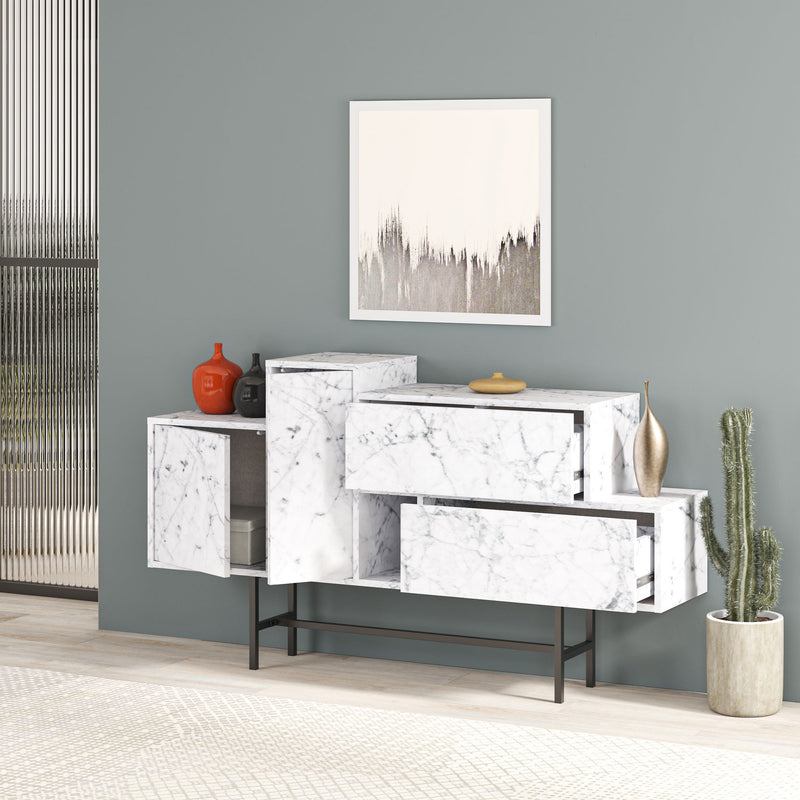 Credenza effetto marble bianco design in legno a 2 ante e 2 cassetti cm 160x35x90h