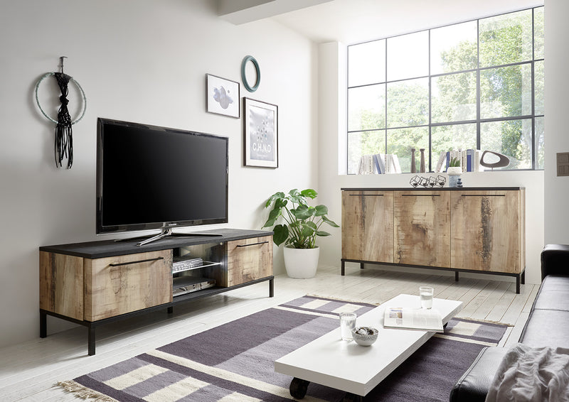 Brogos - Mobile basso porta tv in legno industrial colore pero cm 156x50x51h