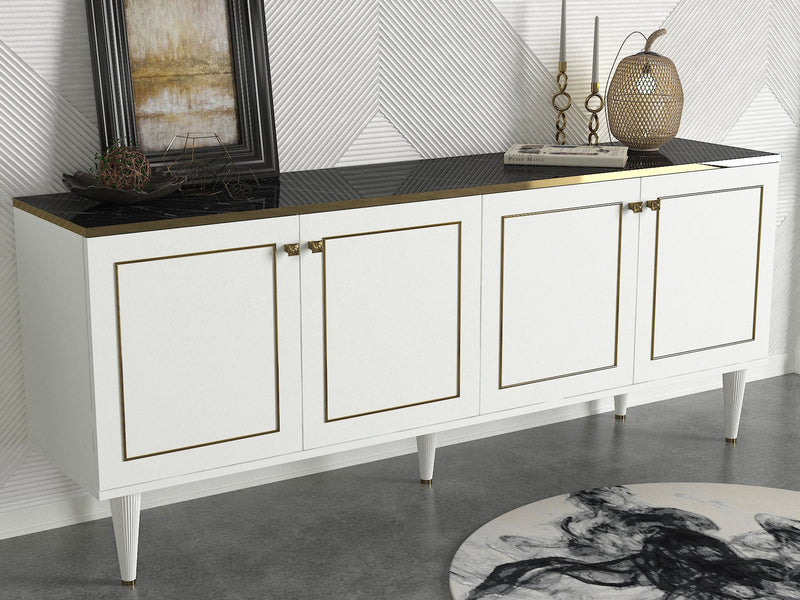 Madia a 4 ante in legno design con ripiano in effetto marmo nero lucido cm 180x40x76h