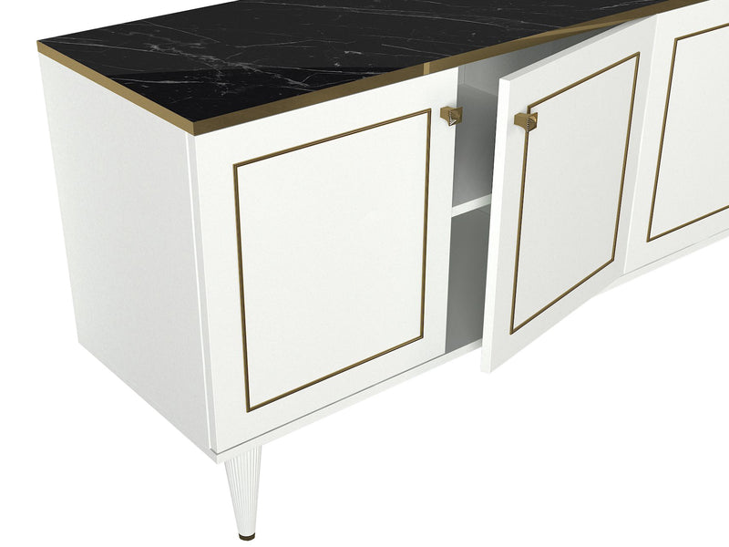 Madia a 4 ante in legno design con ripiano in effetto marmo nero lucido cm 180x40x76h