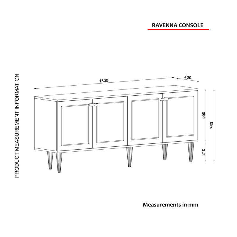 Madia a 4 ante in legno design con ripiano in effetto marmo nero lucido cm 180x40x76h
