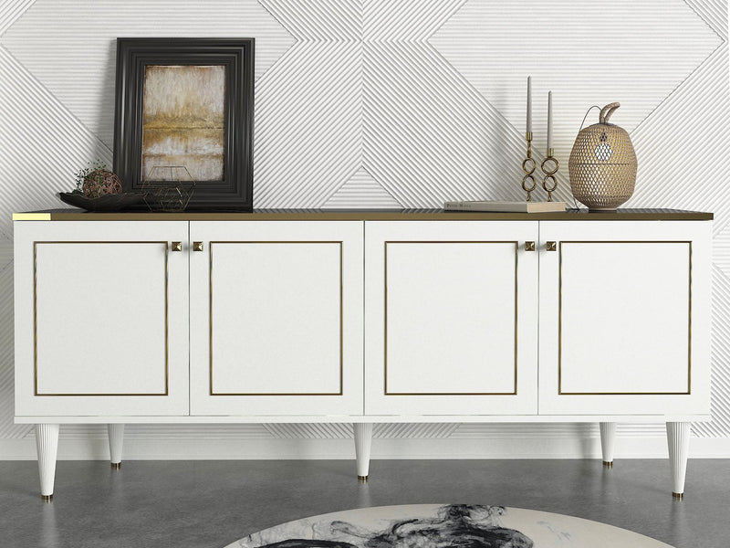 Mobile madia 4 ante in legno in stile moderno con struttura in bianco opaco, maniglie e dettagli ante in oro e ripiano con effetto marmo nero lucido