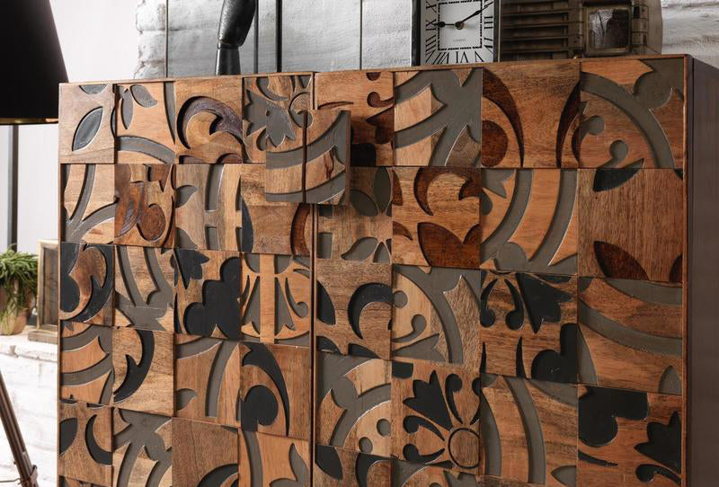 Madia credenza due ante stile etnico in legno massello di mango cm 100x45x120h