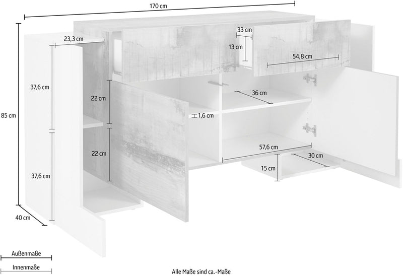 Virna - Madia moderna da soggiorno in legno con 2 cassetti e  4 ante cm 170x35/45x85h - vari colori