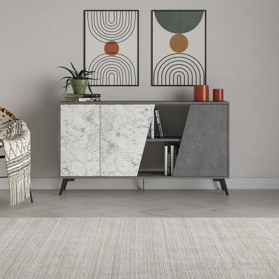 Madia credenza con effetto marmo bianco a 2 ante con vani a giorno cm 150x36x82h