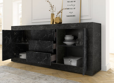 Fremont - Living soggiorno completo con madie e vetrina in legno finitura marmo nero