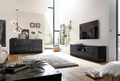 salotto moderno completo con tavolino base tv e madia grigio lucido