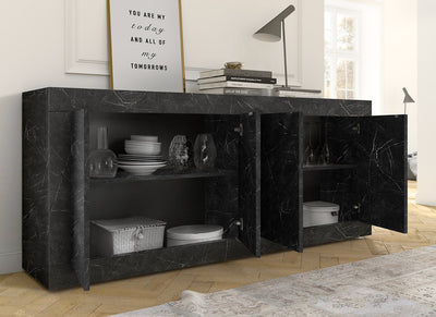 Kerope - Mobile living buffet moderno 4 ante in legno marmo nero cm 210x43x86h
