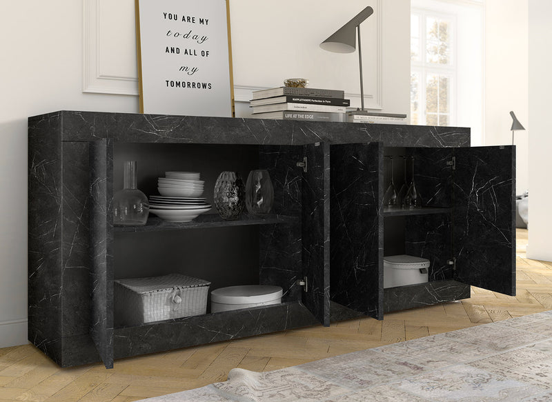 Kerope - Mobile living buffet moderno 4 ante in legno marmo nero cm 210x43x86h