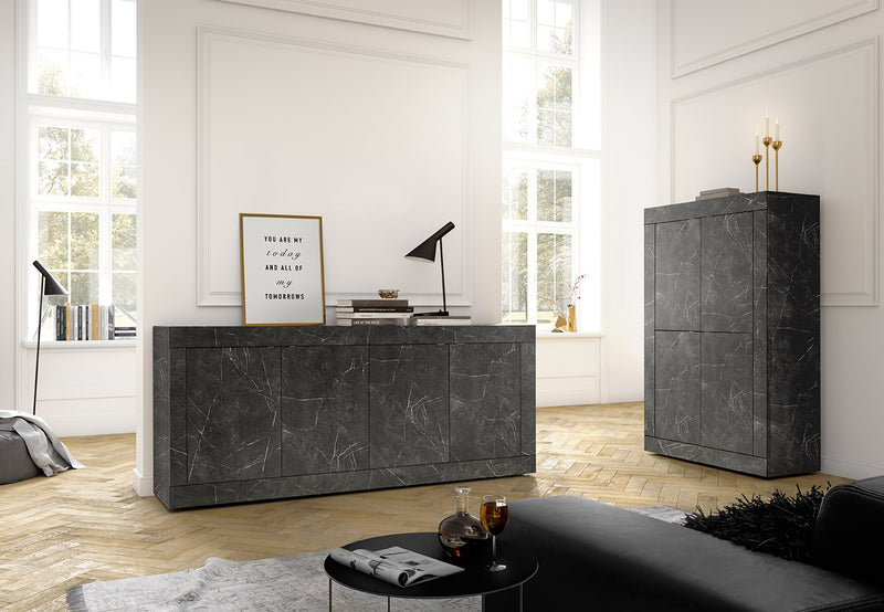 Kerope - Mobile living buffet moderno 4 ante in legno marmo nero cm 210x43x86h