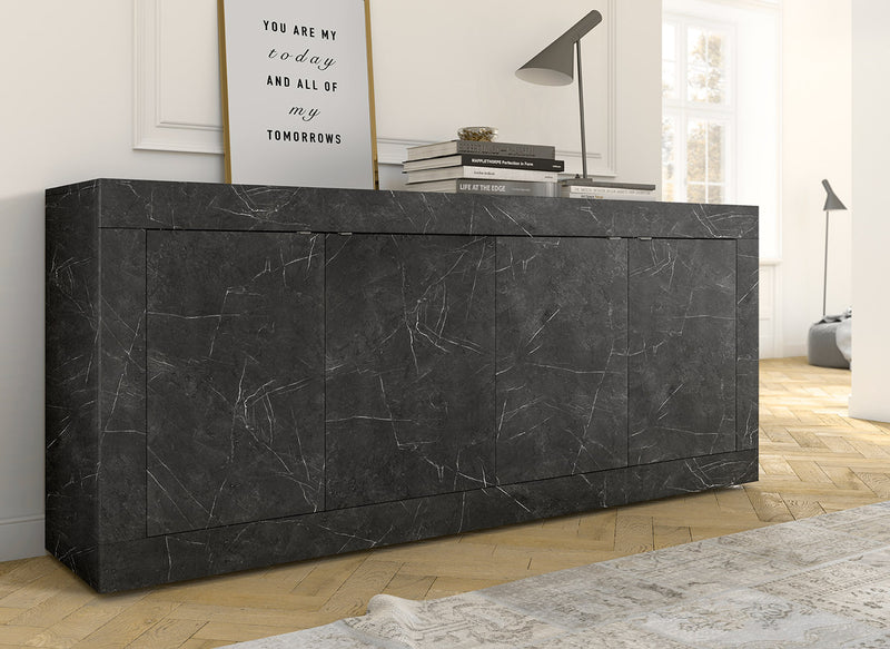 Kerope - Mobile living buffet moderno 4 ante in legno marmo nero cm 210x43x86h