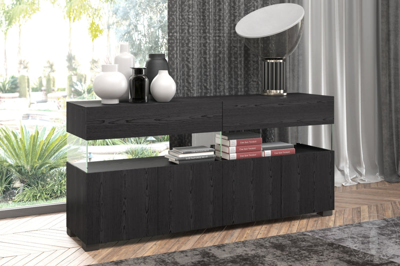 Madia moderna 4 ante 2 cassetti in legno rovere nero e vetro cm 172x40x81h