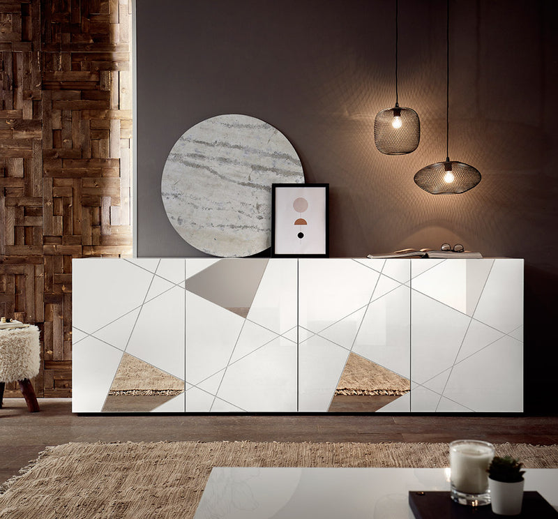 madia moderna 4 ante in legno bianco lucido con specchi