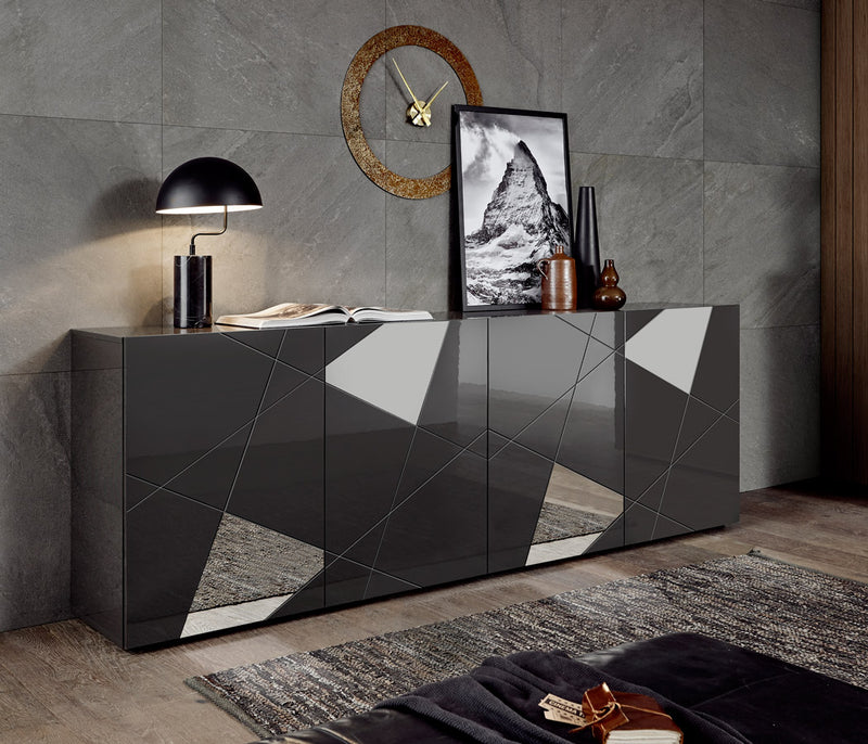 Diambra - Madia moderna 4 ante in legno grigio lucido con specchi cm 241x42x84h