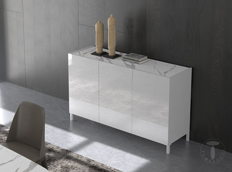 Madia 3 ante in legno bianco lucido e finitura marmo calacatta cm 130x40x84h