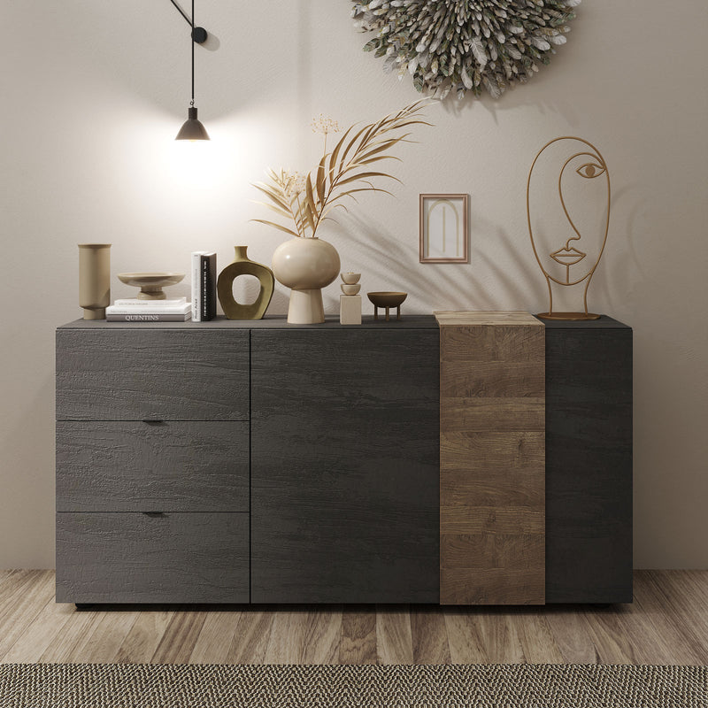 madia credenza soggiorno con 2 ante 3 cassetti in legno titanio e rovere