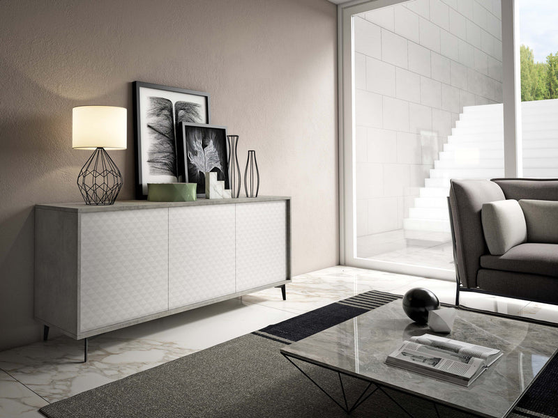 Everarda - Madia mobile da soggiorno moderno 3 ante in legno bianco e cemento cm 184x45x77h
