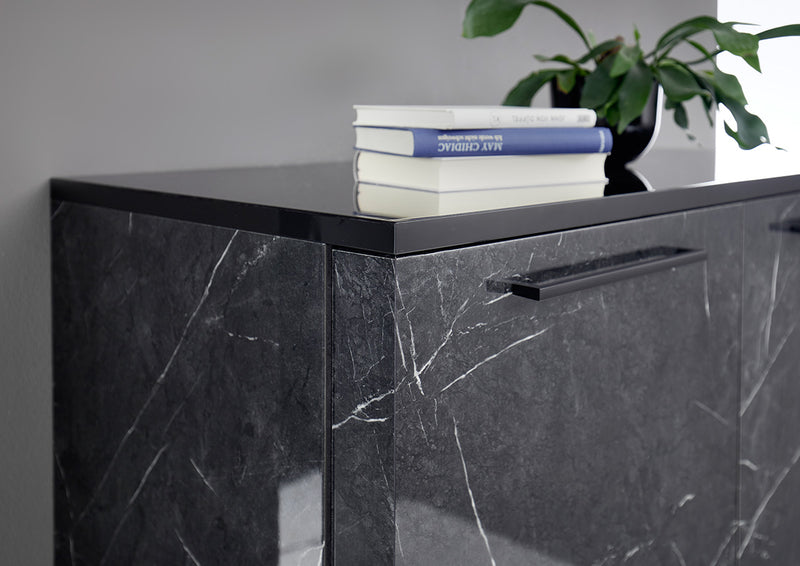 Elfride - Madia mobile 3 ante per salotto moderno finitura marmo nero cm 156x50x86h