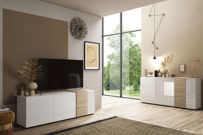 Katalan - Madia credenza moderna con ante e cassetti bianco lucido e rovere cm 181x44x86h