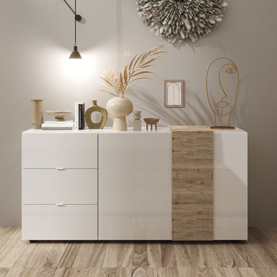 madia design moderno con 3 cassetti e 2 ante bianco lucido e rovere cadiz