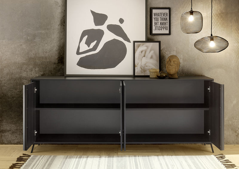 Banaba - Sala moderna completa con tavolo credenza alta e madia 4 ante colore nero