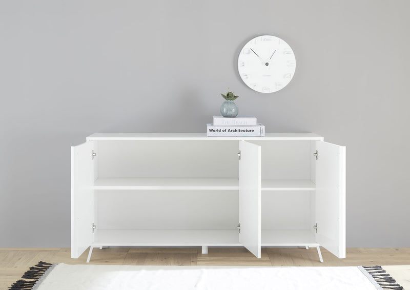 Zacinto - Sala completa design moderno con tavolo credenza alta e madia bianco lucido