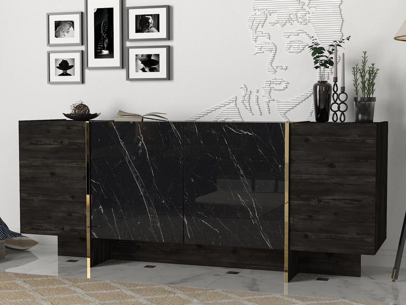 Madia stile moderno nero ed effetto marmo con particolari in oro cm 180x47x76h
