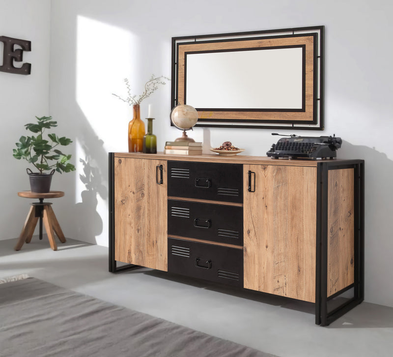 Madia in stile industrial colore pino atlantico e nero opaco con due ante con maniglie e cassetti interamente in metallo 