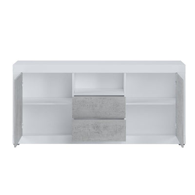 Mobile madia moderno in legno colore bianco e cemento con ante e cassetti cm 184x42x86h