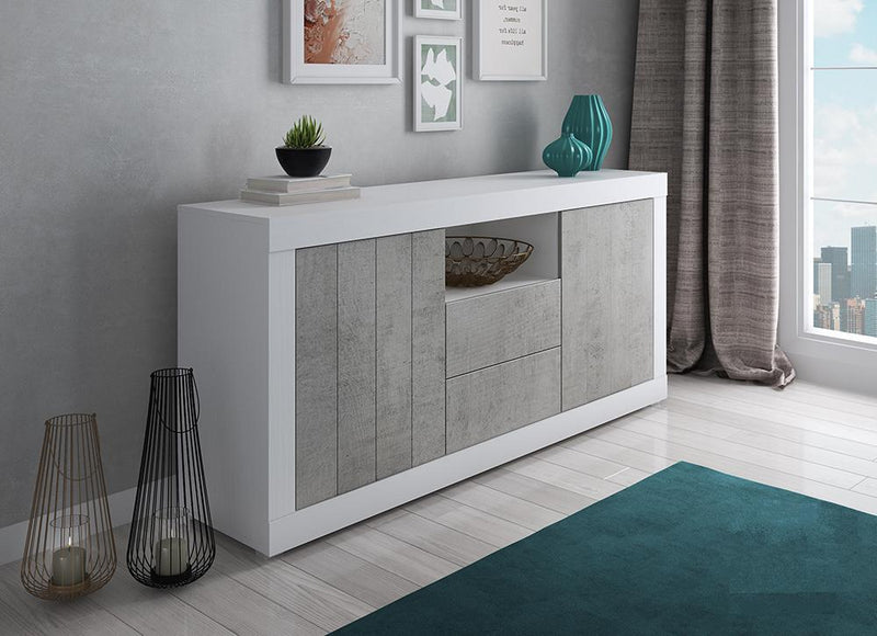 Mobile madia moderno in legno colore bianco e cemento con ante e cassetti cm 184x42x86h