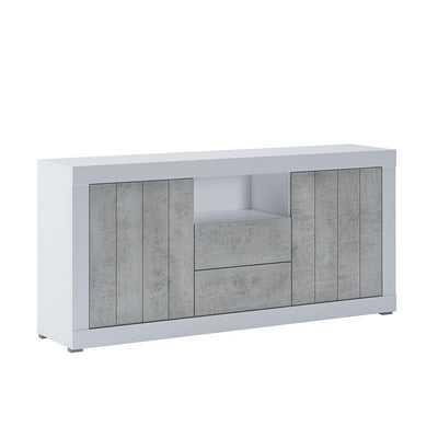 Mobile madia moderno in legno colore bianco e cemento con ante e cassetti cm 184x42x86h