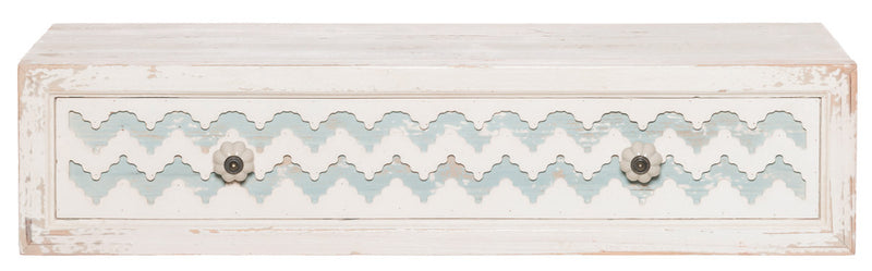 Mensola da parete con cassetto in legno bianco e celeste cm 70x16x21h