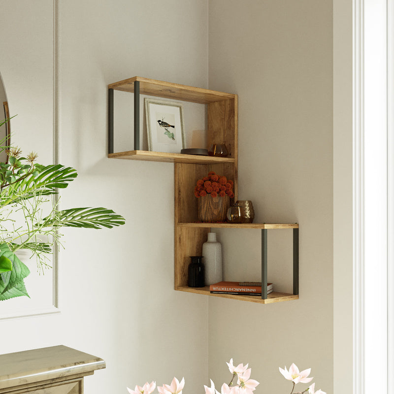 Mensola da parete angolare decorativa moderna in legno color noce chiaro opaco e dettagli in antracite chiaro opaco, 4 ripiani. Dimensioni cm 53x20x85h