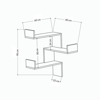 Mensola ad angolo da parete in legno design a 3 ripiani cm 60x22x90h - vari colori