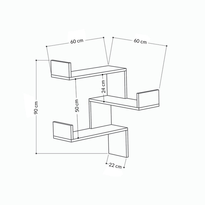 Mensola ad angolo da parete in legno design a 3 ripiani cm 60x22x90h - vari colori