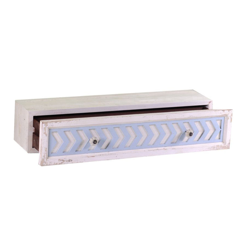 Mensola in legno con cassetto stile shabby chic bianco e celeste cm 80x21x16h